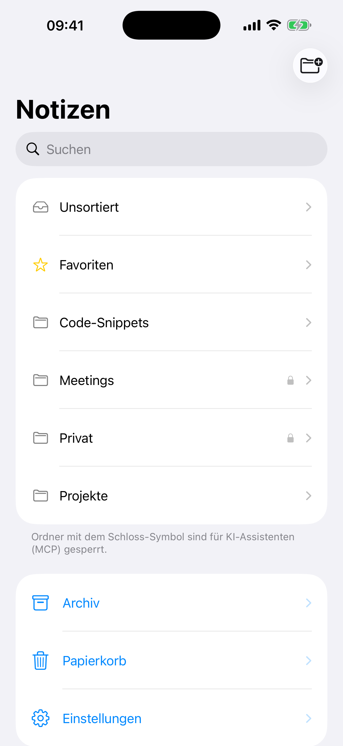 Ordnerliste auf dem iPhone; am Symbol des Ordners ist zu sehen, ob die KI ihn lesen darf