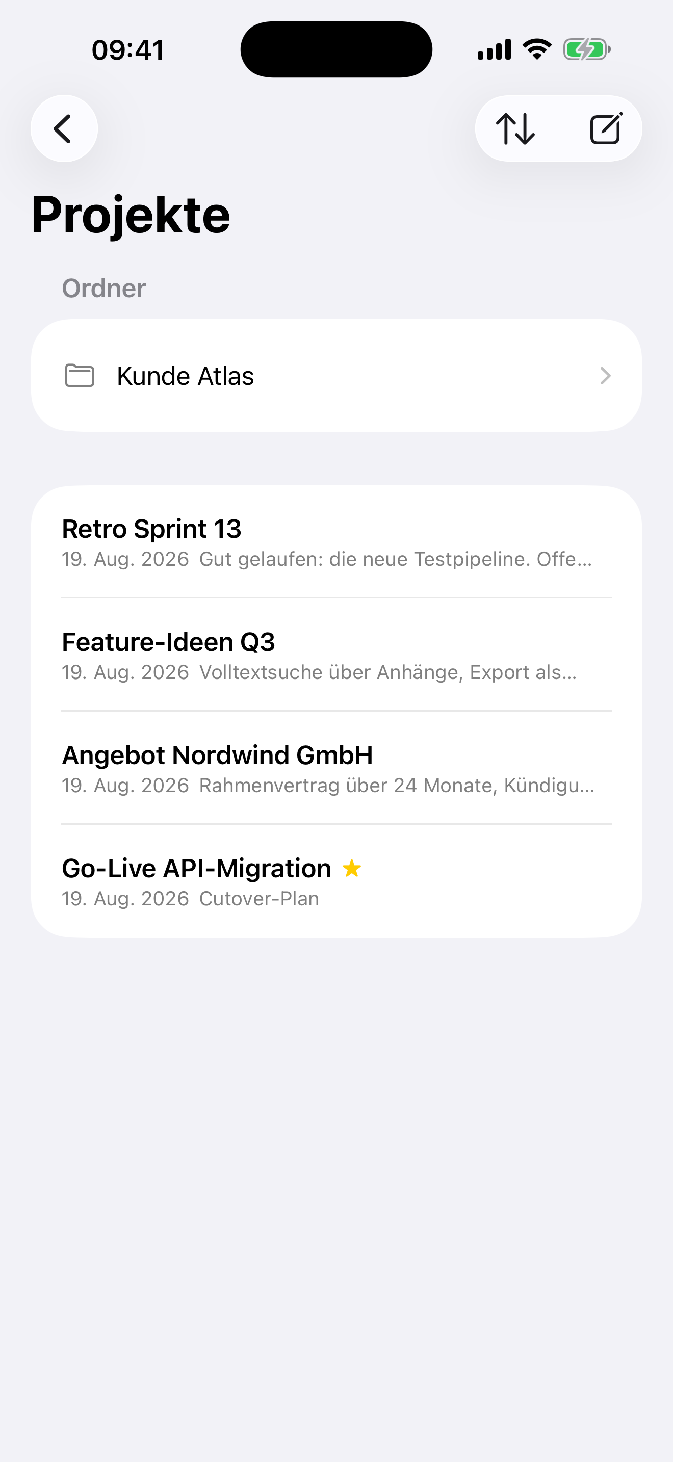 NoteBay auf dem iPhone mit den Notizen desselben Ordners, jede mit einer farbigen Markierung
