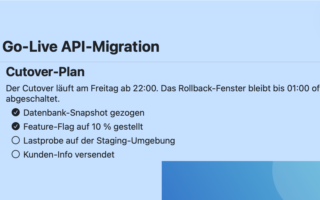Der NoteBay-Editor mit Überschriften, einer Checkliste und einem eingefügten Bild
