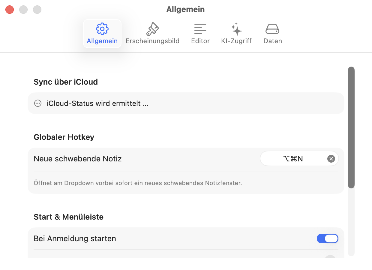 Die Einstellungen, Bereich Allgemein: globaler Hotkey, Start und Menüleiste, Papierkorb-Aufbewahrung, iCloud-Status