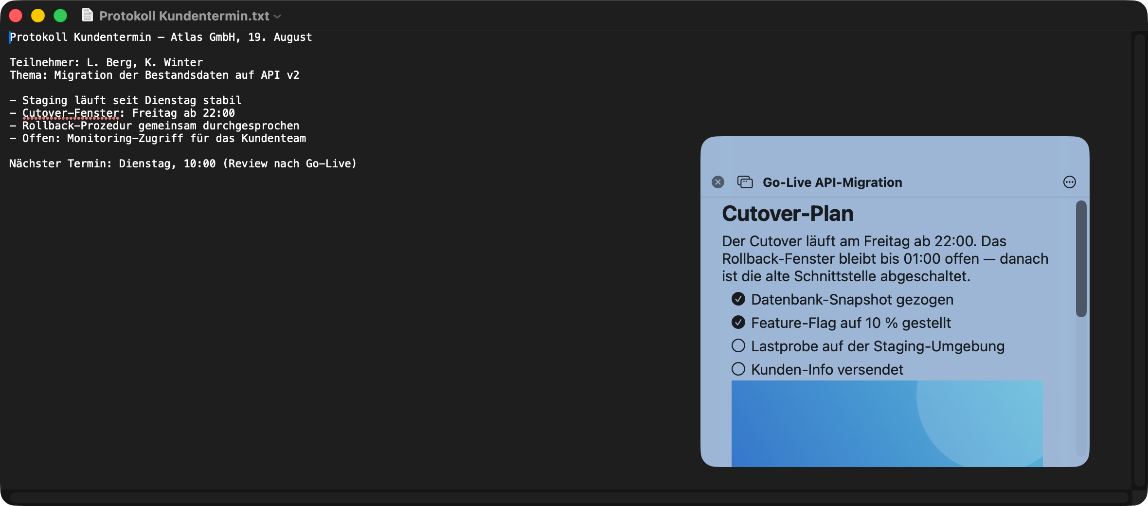 Ein schwebendes NoteBay-Notizfenster mit der Notiz Go-Live API-Migration liegt über einem geöffneten TextEdit-Dokument