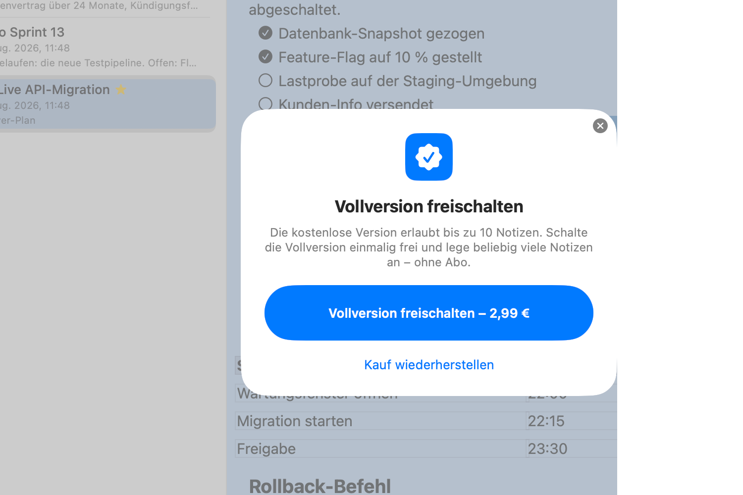 Das Kauf-Fenster über der Bibliothek, mit Preis und Kauf-wiederherstellen-Link