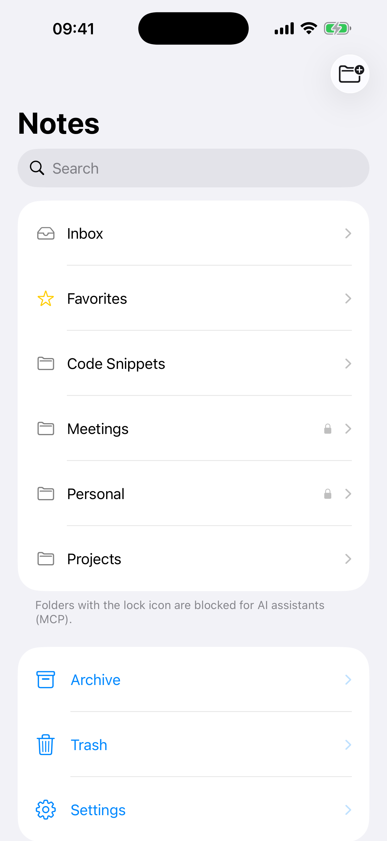 The folder list on the iPhone; the icon shows whether the AI may read