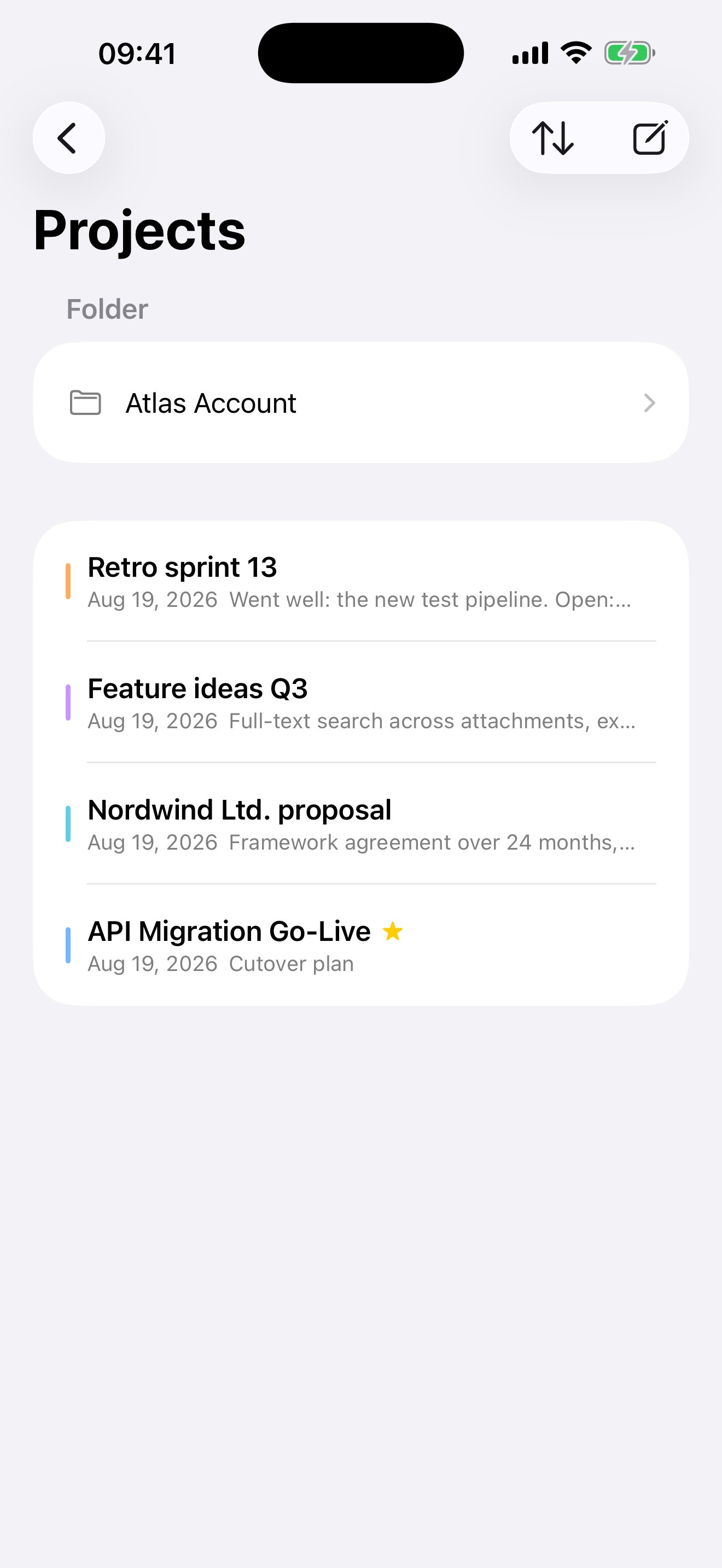 The notes list on the iPhone, each note with a colour mark