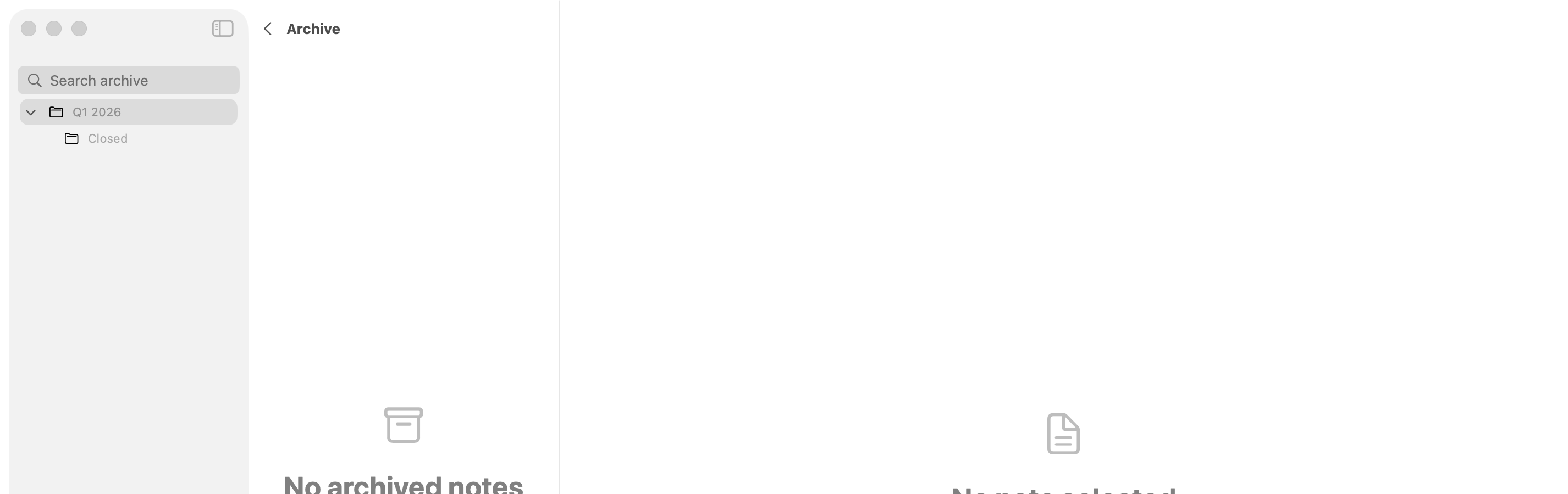The archive view with the archived folder structure in the sidebar