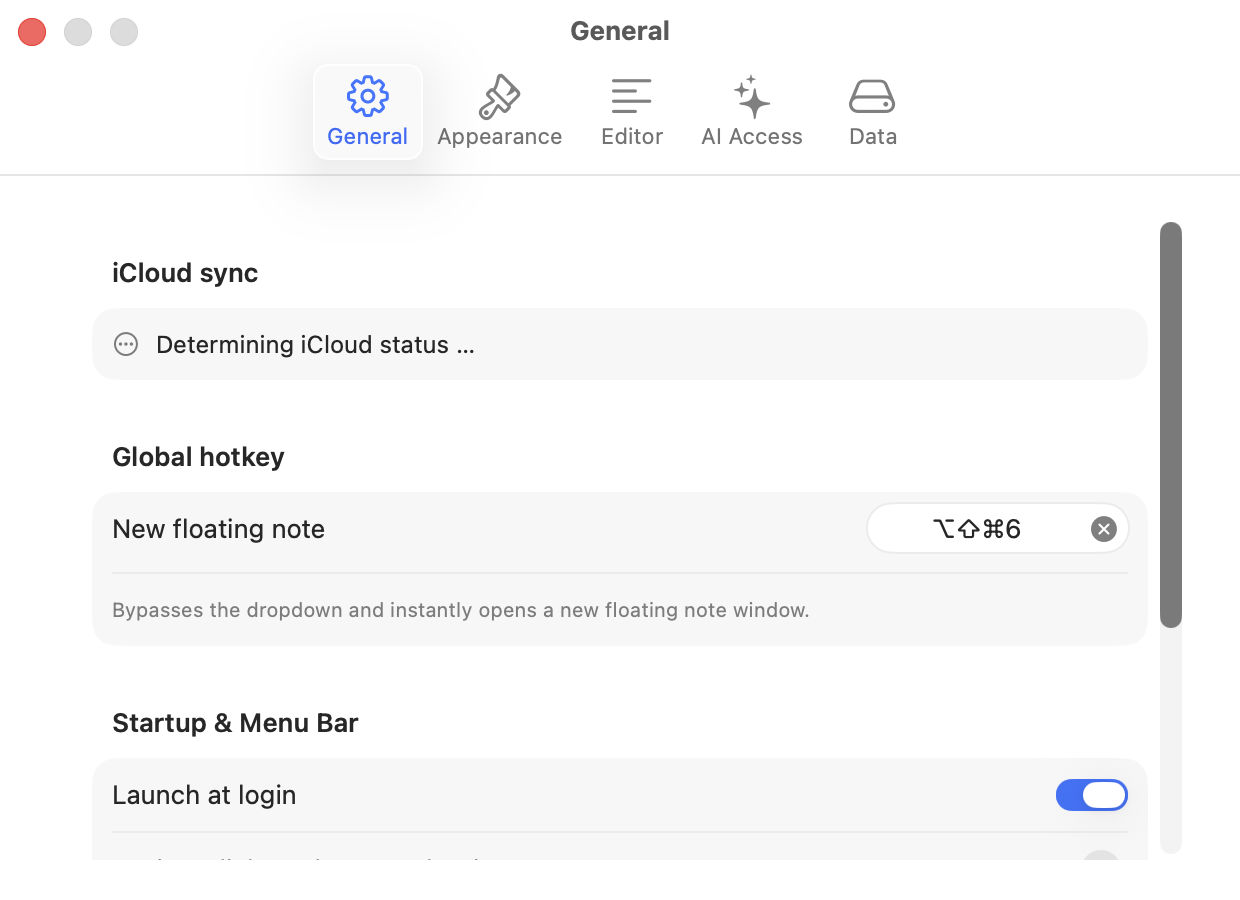 The settings, General section: global shortcut, launch and menu bar, trash retention, iCloud status