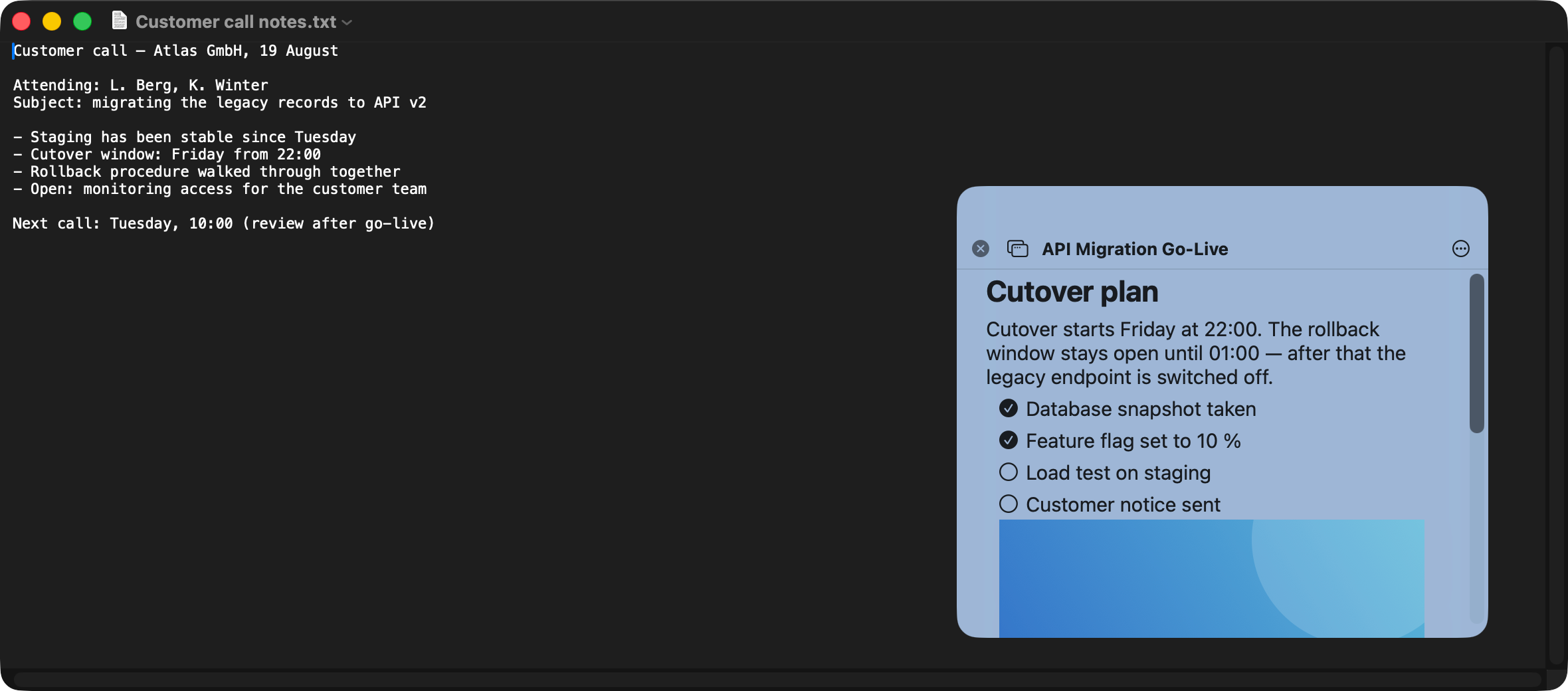 A floating NoteBay note window sitting above an open document