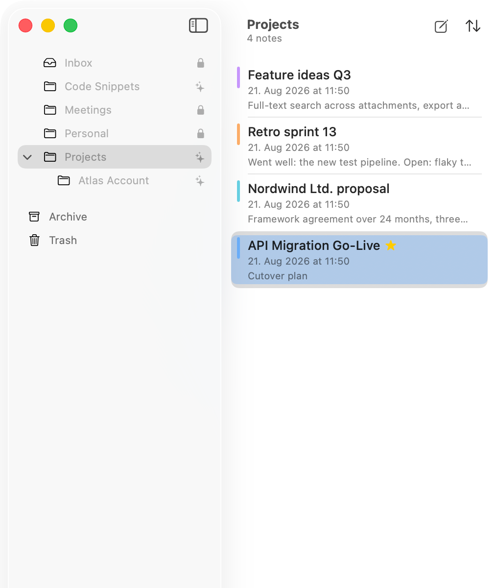 The folder list on the left, the notes of the selected folder on the right