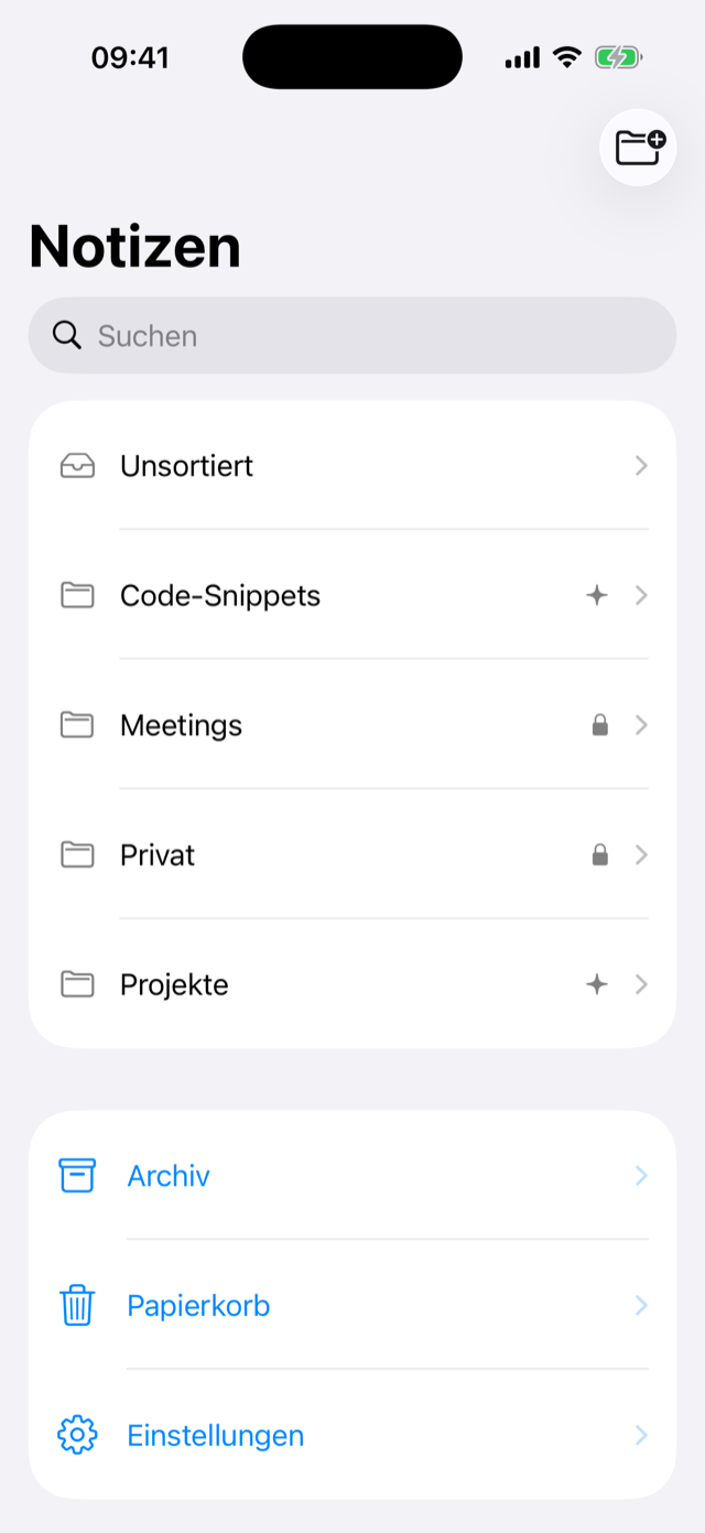Ordnerliste auf dem iPhone mit den Ordnern Unsortiert, Code-Snippets, Meetings, Privat und Projekte
