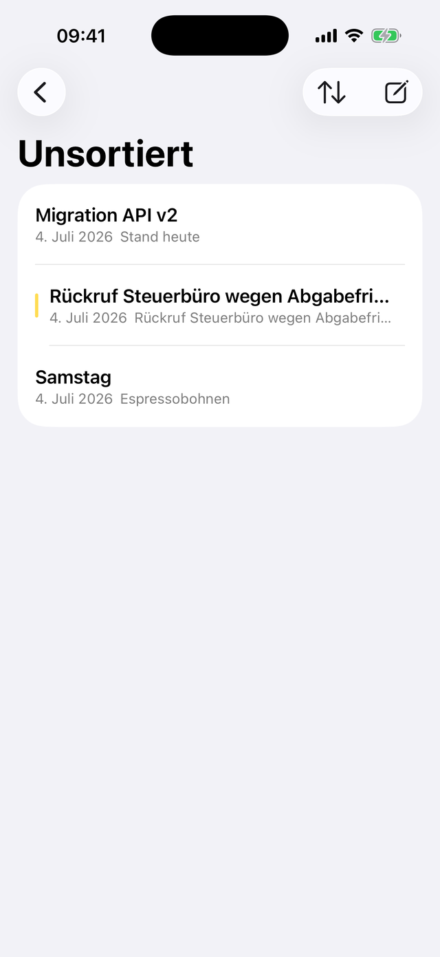 NoteBay auf dem iPhone mit der Notizenliste des Ordners Unsortiert, eine Notiz ist gelb markiert