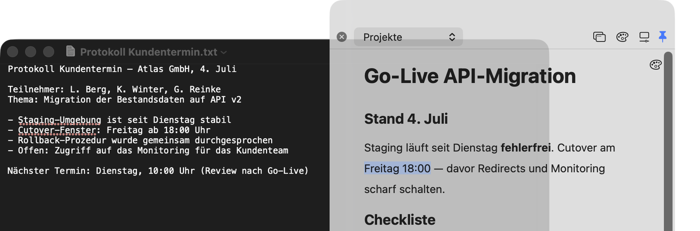 Ein schwebendes NoteBay-Notizfenster mit der Notiz Go-Live API-Migration liegt über einem TextEdit-Dokument