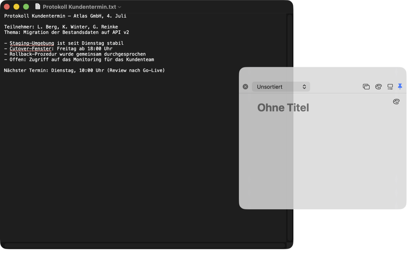 Eine frisch geöffnete leere NoteBay-Schnellnotiz schwebt über einem TextEdit-Protokoll