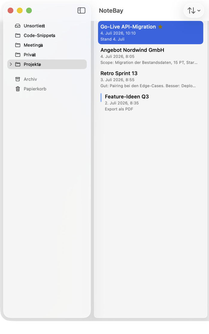 NoteBay auf dem Mac mit Ordnerliste und Notizenliste, eine Notiz ist als Favorit markiert