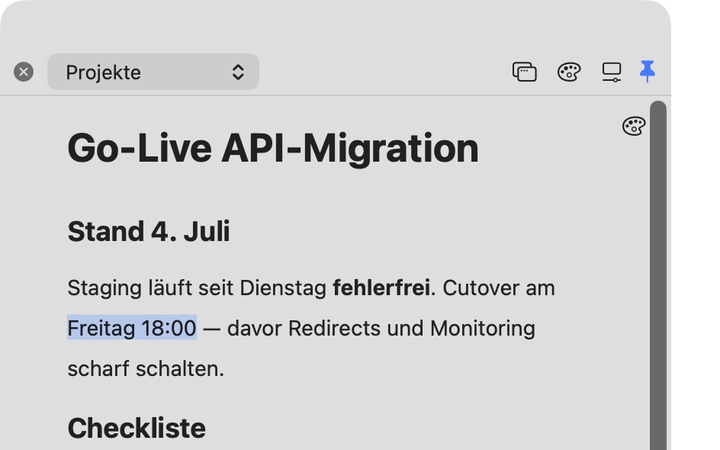 NoteBay-Notiz mit Überschriften, fett markiertem Text und einem blauen Highlight auf dem Termin Freitag 18:00